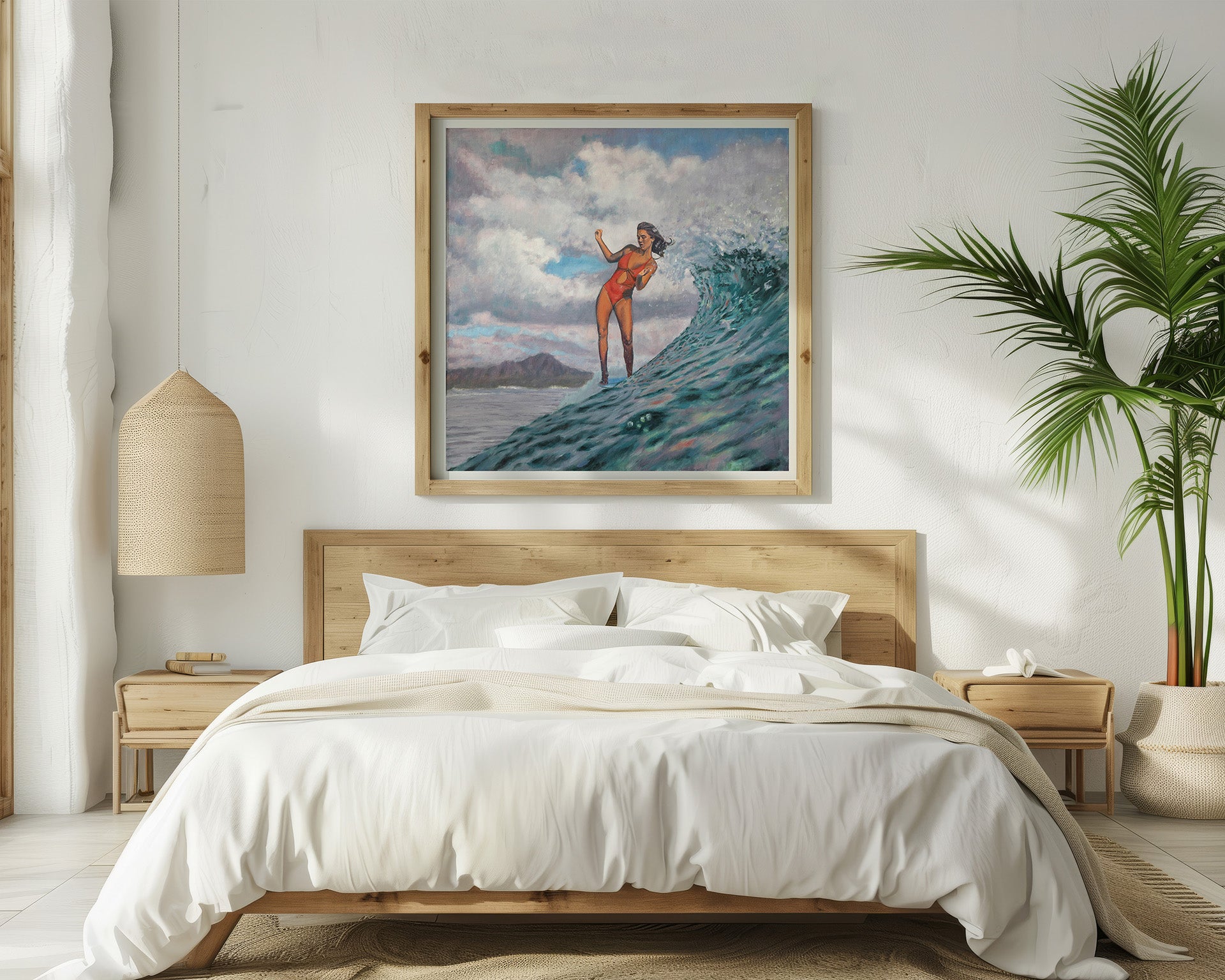 Bedroom with a framed artwork of a female surfer on a wave above the bed in a coastal style home. Painting has a retro, vintage vibe or feel.