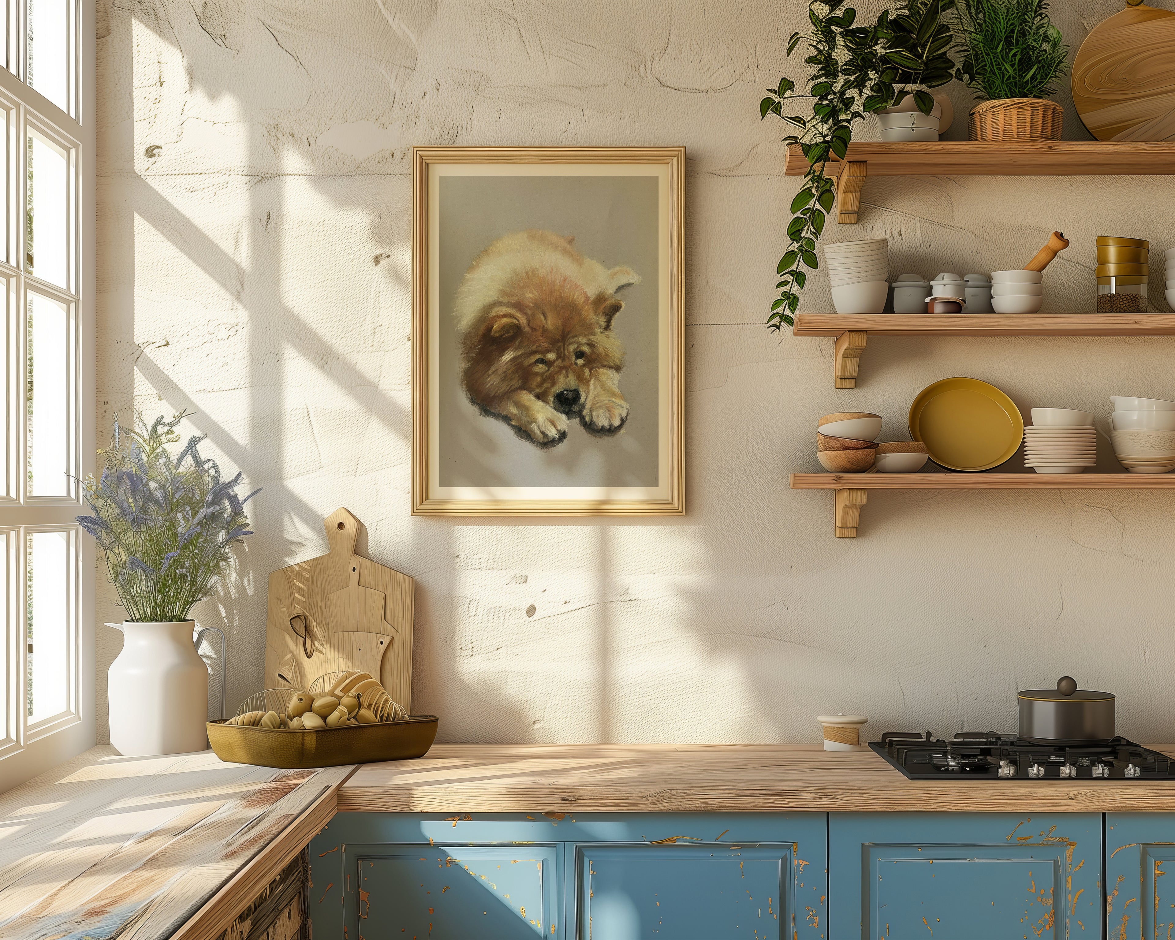 Kitchen interior with framed artwork of a dog done in pastels, shelves with kitchenware, and a window allowing natural light.