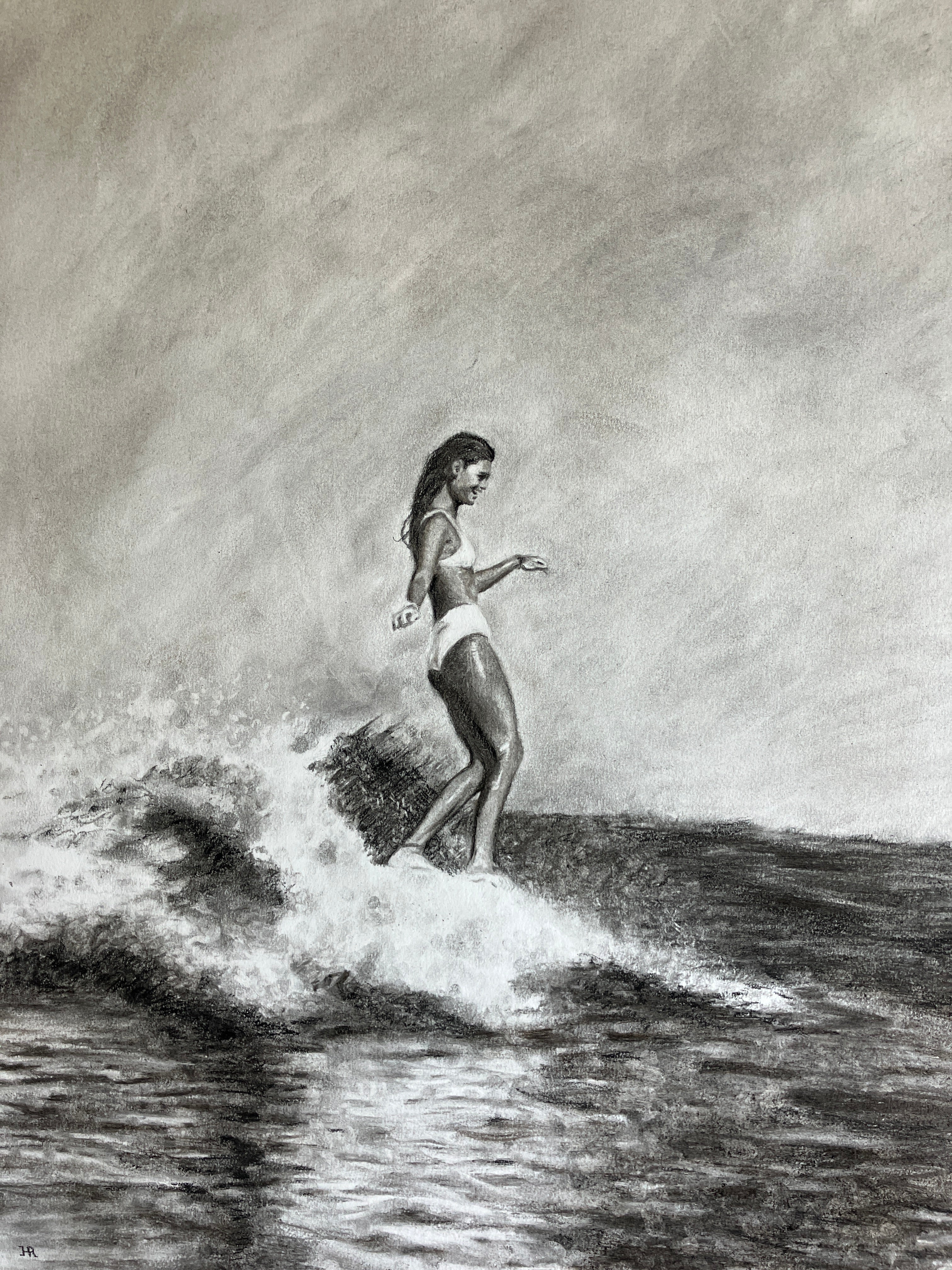 Charcoal drawing of a female longboard surfer enjoying a fun wave. The surfer is a Tahitian lady called Vaimiti.